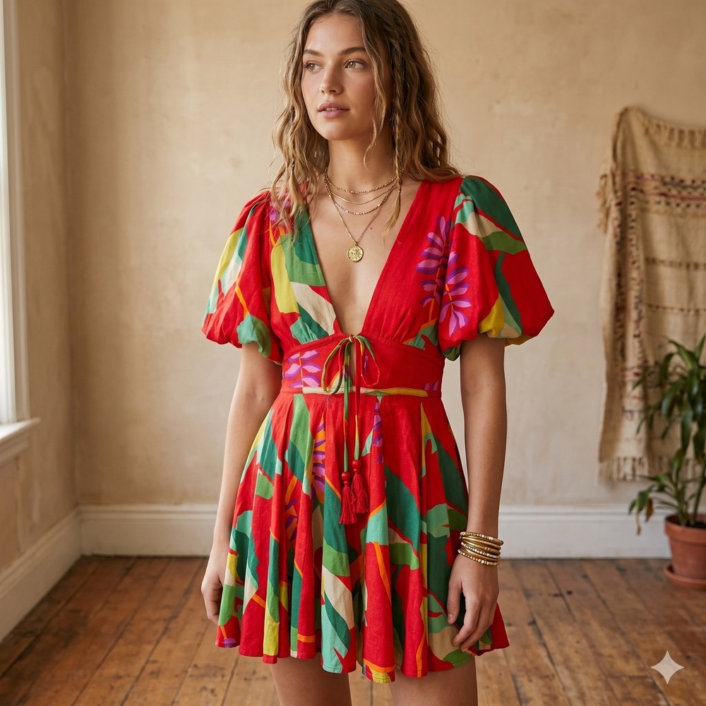 House of Harlow 1960 Dress Womens 4 Red Tropical Puff Sleeve V-Neck Mini Boho
